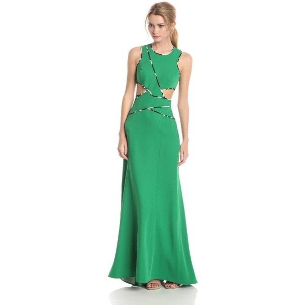 BCBG Green Nikkole Print Trim Cutout Gown - Picture 2 of 5